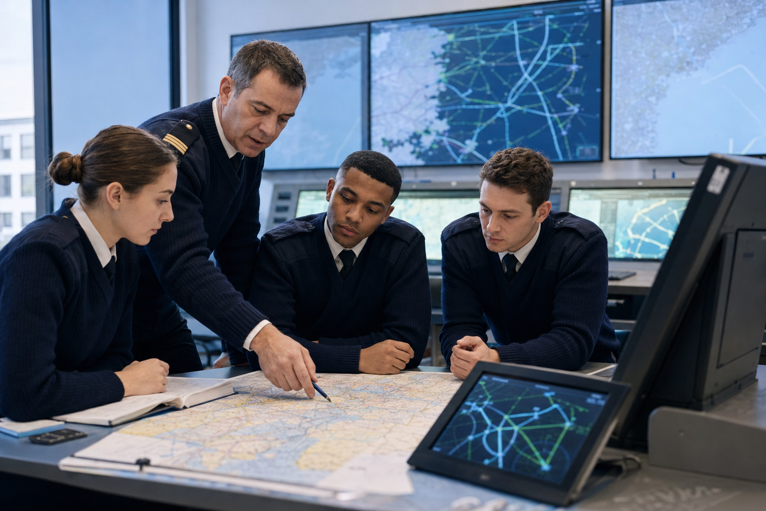 Cadets studying aviation navigation systems